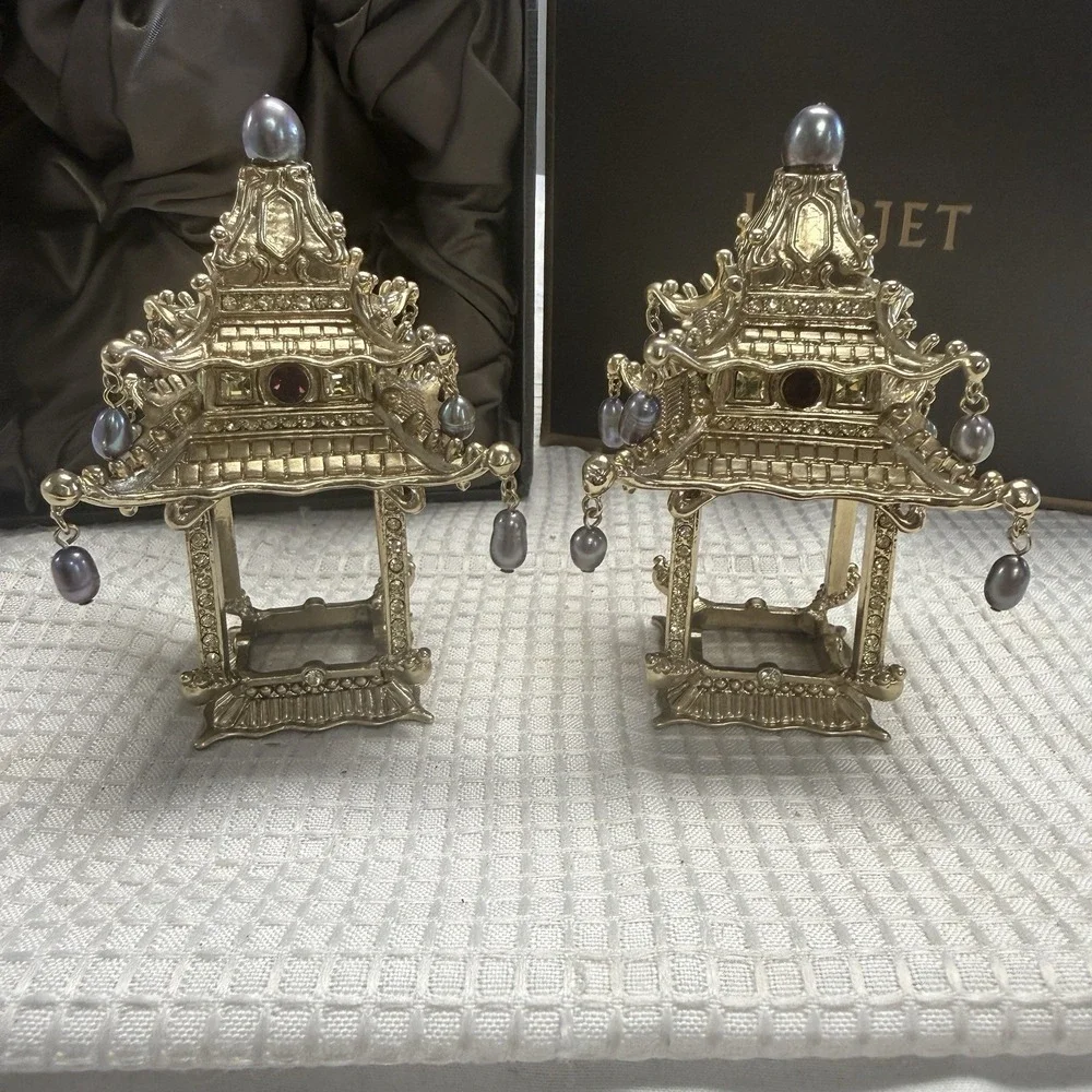 Set 2 L'Objet Pagoda Napkin Jewels Rings Holders 24K Gold Plated Crystals Pearls